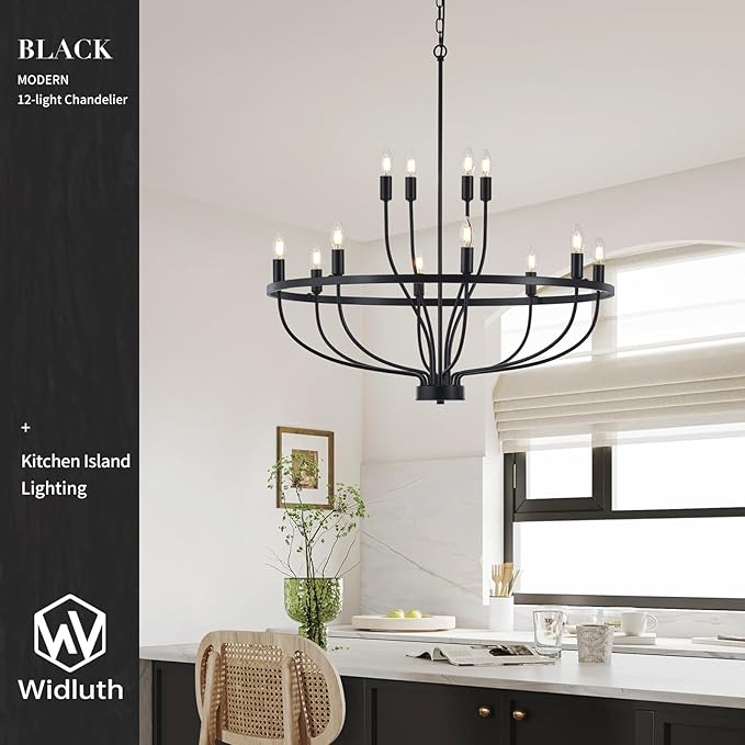 33.5" Industrial Black Chandelier Vintage 12-Lights Rustic Candle Style Chandeliers Light Fixture Retro Farmhouse Black Chandelier for Dining Room, Kitchen Island, Living Room, E12