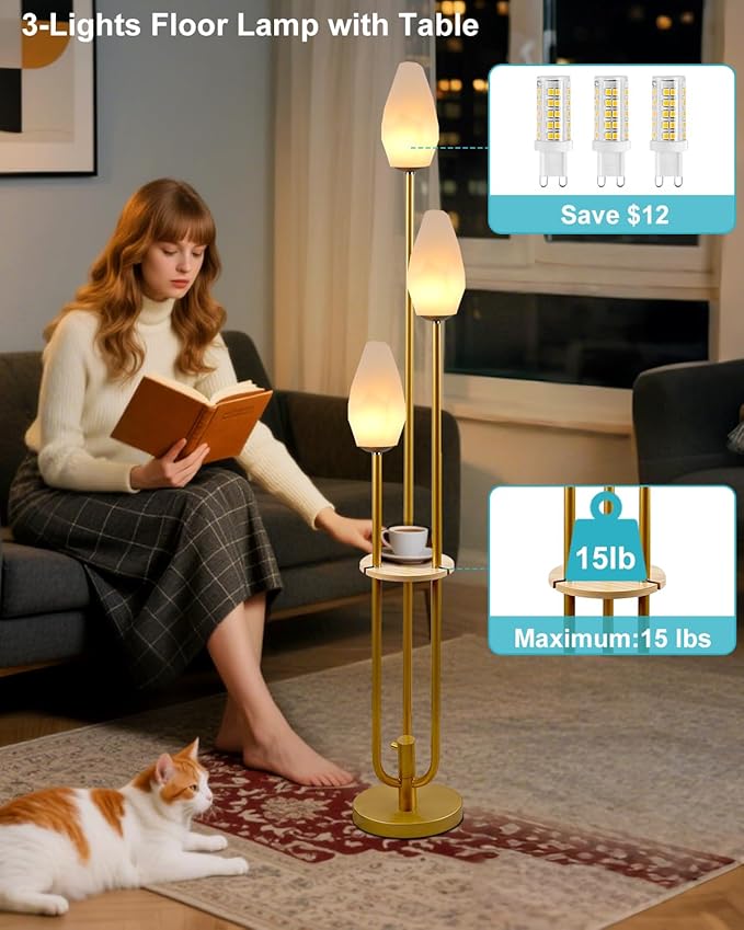 Gold Floor Lamp with Tray, 3-Lights Dimmable Floor Lamps with Rock-Shaped Shade, Unique Candle Holder Style Modern Tall Standing Lamp with 5Lbs Heavy Base for Living Room/Party(Bulbs Included)