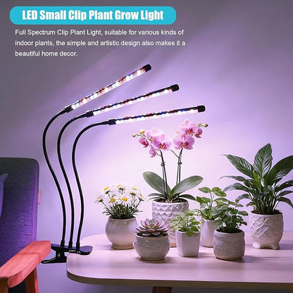 Indoor Plant Grow Light, Full Spectrum Clip Plant Lamp with Red, Blue, White Light, Plant Growing Light with Flexibel Gooseneck, 4/8/12/18H Timer, 10 Brightness Levels, 3 Lighting Modes, 3 Head