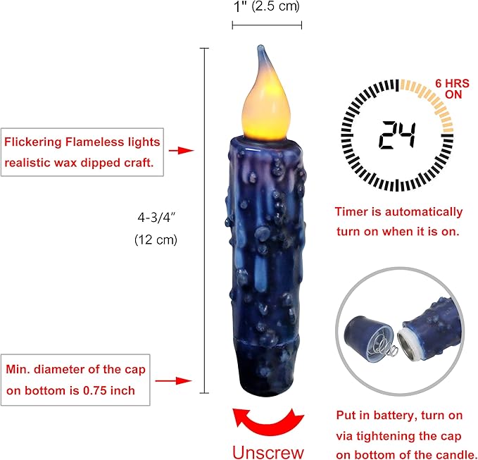 CVHOMEDECO. Real Wax Hand Dipped Battery Operated LED Timer Taper Candles Rustic Primitive Flameless Lights Decor, 4-3/4 Inch, Navy Blue, 6 PCS in a Package