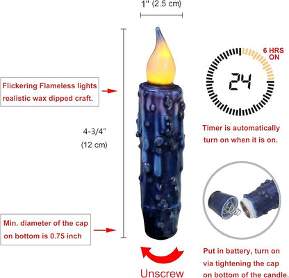 CVHOMEDECO. Real Wax Hand Dipped Battery Operated LED Timer Taper Candles Rustic Primitive Flameless Lights Decor, 4-3/4 Inch, Navy Blue, 2 PCS in a Package