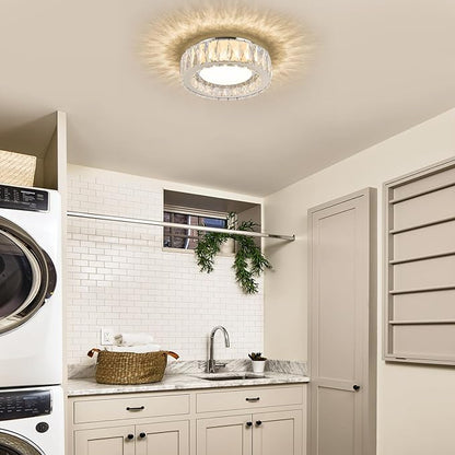 Dimmable Crystal Modern LED Flush Mount Ceiling Light,Chrome 11 Inch Small Chandelier 24W 5CCT 3000K-6000K Hallway Close to Ceiling Light Fixtures for Kitchen,Entryway,Laundry Room,Bedroom
