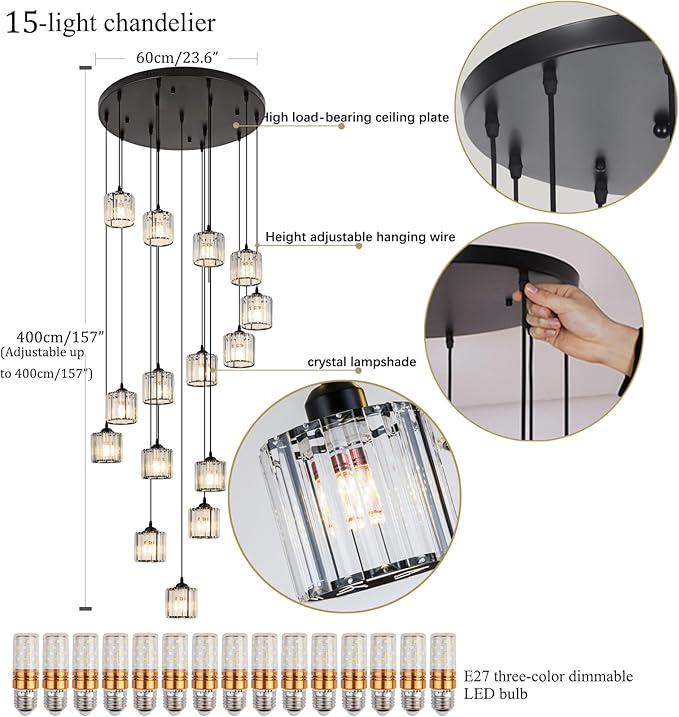 Long Chandeliers for High Ceilings,Modern Crystal Pendant Light,Raindrop Drop Lamp,Hanging Flush Mount Lighting Fixtures for Spiral Staircase,Foyer,Entryway,Living Room,Black (15 Lights)