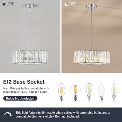 YURNYQ Chrome Crystal Chandelier for Dining Room, 4-Light Modern Semi Flush Mount Chandelier Lighting Fixtures, Round Kitchen Hanging Drum Pendant Lights Ceiling for Bedroom Entryway Foyer, 15 Inch