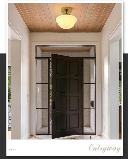 Schoolhouse Milk White Glass Ceiling Light,9" Semi Flush Mount Ceiling Light, Gold Mid Century Light Fixtures for Bedroom Kitchen Hallway Entryway