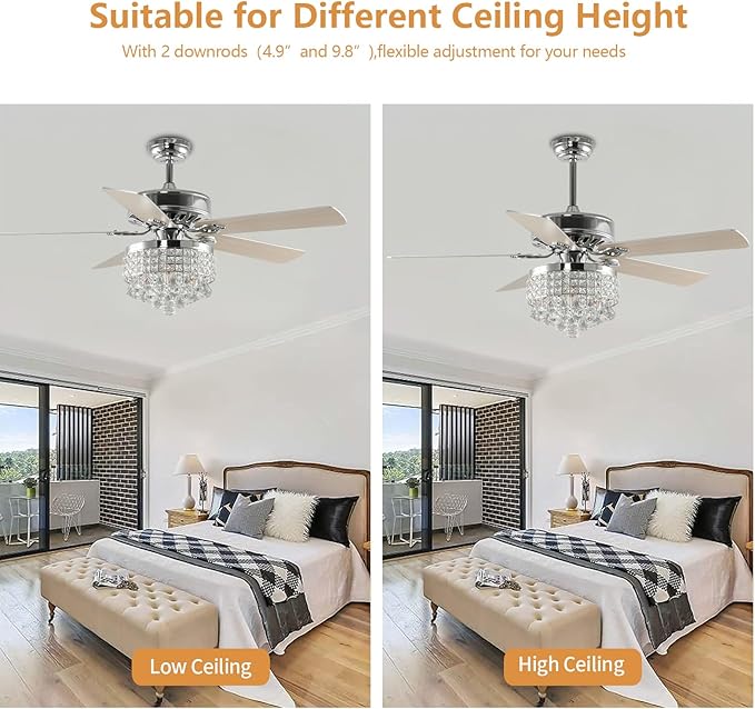 52Inch Crystal Ceiling Fan with Lights, 5 Wood Blades and Gorgeous Light Fixture, Modern Fandelier Ceiling Fan with Noiseless Motor, Chandelier Fan with Remote for Bedroom,Living Room