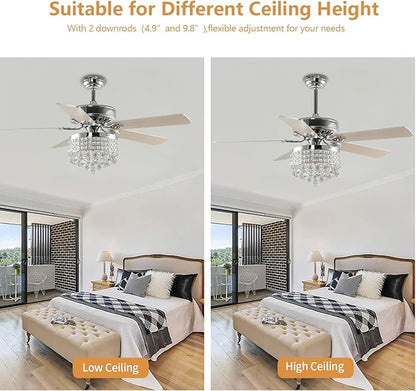 52Inch Crystal Ceiling Fan with Lights, 5 Wood Blades and Gorgeous Light Fixture, Modern Fandelier Ceiling Fan with Noiseless Motor, Chandelier Fan with Remote for Bedroom,Living Room