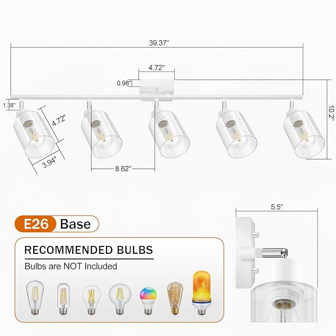 BoostArea White LED 5 Light Track Lighting Kit, 5 Way Ceiling Spot Lighting with Glass Lampshade, Flexibly Rotatable Light Head for Kitchen, Living Room, Bedroom, Bulb Not Included