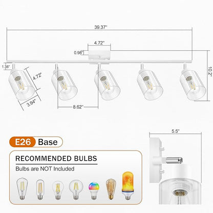 BoostArea White LED 5 Light Track Lighting Kit, 5 Way Ceiling Spot Lighting with Glass Lampshade, Flexibly Rotatable Light Head for Kitchen, Living Room, Bedroom, Bulb Not Included