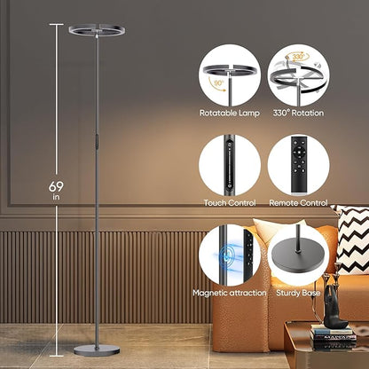 SIBRILLE Gunmetal Gray LED Floor Lamp - Rotatable Standing Lamp for Living Room Bedroom, 22W Dimmable Floor Readig Light with Touch/Remote Control, Modern Corner Lamp for Office, Brightness Adjustable