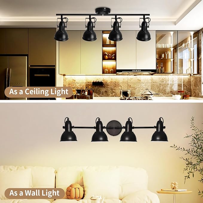 LTBLIGHT 4-Light Track Lighting Fixtures Ceiling, Black Industrial Directional Spotlight with E26 Base, Ceiling Track Lights for Kitchen Bedroom Living Room (Bulbs Not Included)