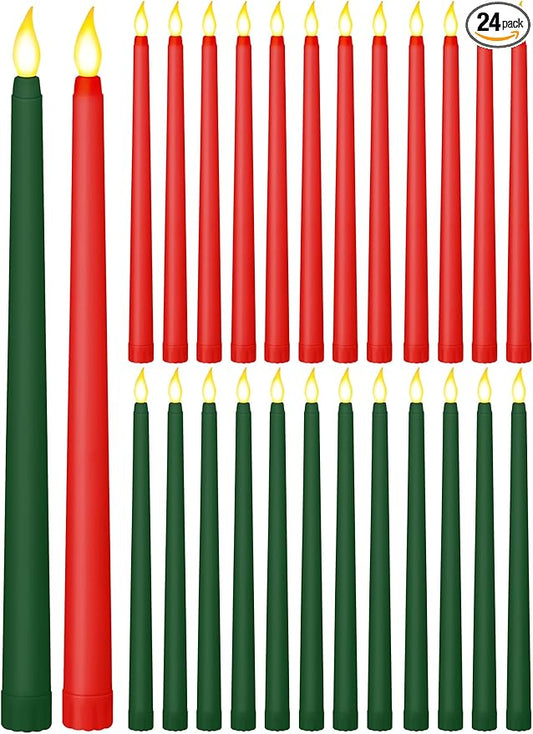 Treela 24 Pcs Flameless Taper Candles Battery Operated Bulk Fake Candles Light LED Candle Sticks Flickering Tapered for Easter Wedding Anniversary Decoration(Basic,10 Inch,Red,Green)