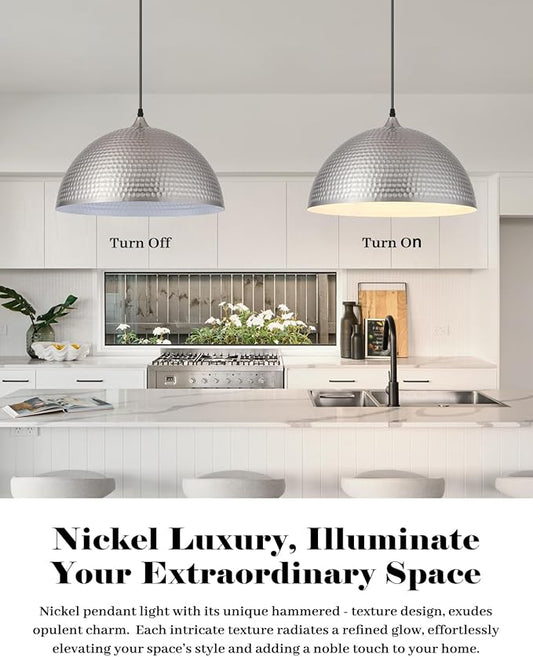 Brushed Nickel Pendant Light 16 inch, Hammered Large Dome Pendant Light, Industrial Farmhouse Pendant Lights Kitchen Island, Island Pendant Lights for Kitchen, Dining Room Living Room 2 Pack