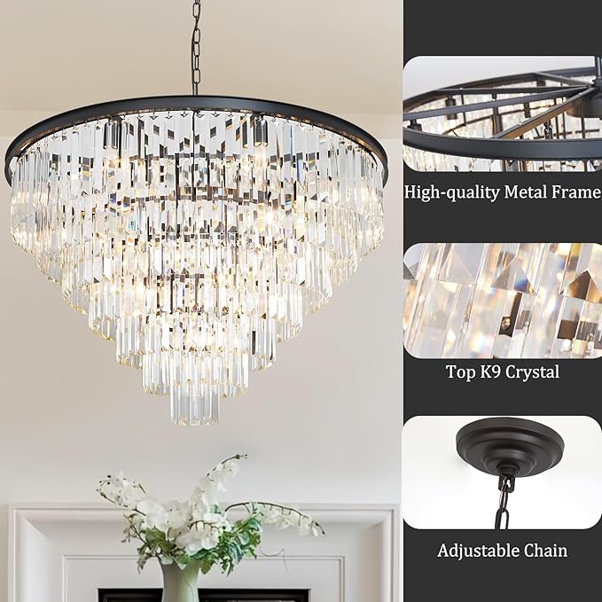 Black Crystal Chandelier Modern Large Dining Room Chandelier 17 Lights 7-Tier Luxury Round Top K9 Ceiling Pendant Light Fixture for High Ceiling Living Room Foyer Staircase