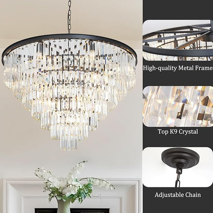 Black Crystal Chandelier Modern Large Dining Room Chandelier 17 Lights 7-Tier Luxury Round Top K9 Ceiling Pendant Light Fixture for High Ceiling Living Room Foyer Staircase