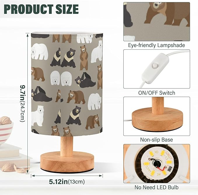 Bears Animal Pattern Brown Bear Polar Bear Black Bear Table Lamp with Wood Base Fabric Lamp Shade Bedside Nightstand Desk Lamp for Living Room Bedroom Kids Room Office