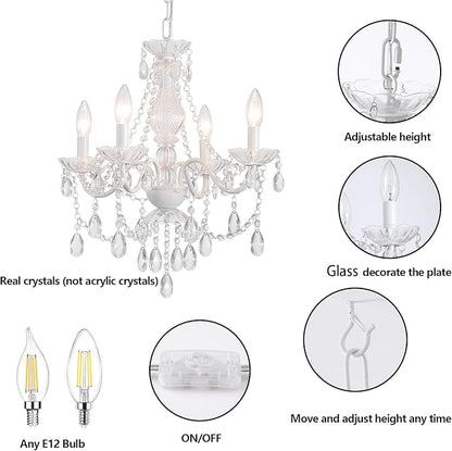 Plug in Crystal Ceramic White Chandelier, Glass Chandeliers,White crystal Hanging Pendant Light with Clear Cord and On/Off, 4 Light Crystal Chandelier for wedding, Kitchen, Dining,Foyer, Mini room