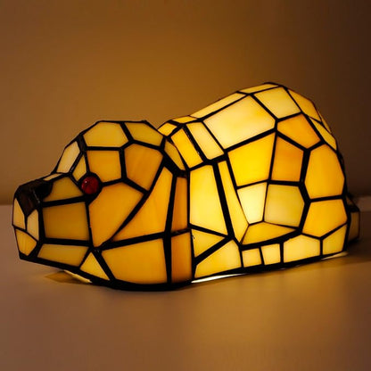 Small Tiffany Lamp Stained Glass Animal Table Lamp Mini Accent Desk Light (Amber White Dog)