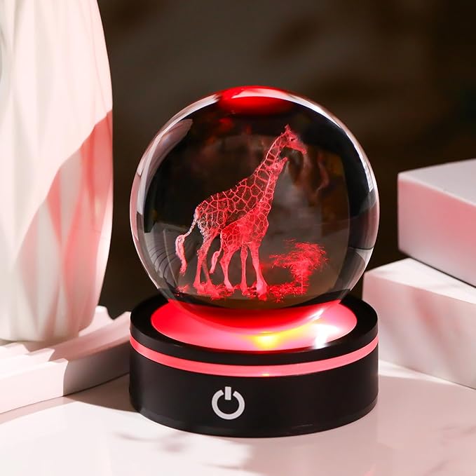 YWHL 3D Giraffe Crystal Ball Figurine with Colorful Light Base, Giraffes Gifts for Women Men on Birthday Christmas, Laser Engraved Giraffes Statue Glass Animal Decorative Ball for Home Decor (80mm)
