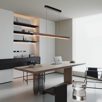 47" Wood Grain Pendant Lights Kitchen Island Lights LED Linear Hanging Light Modern Chandelier for Dining Room Table Dimmable with Remote Control & Memory Function Lighting Fixture