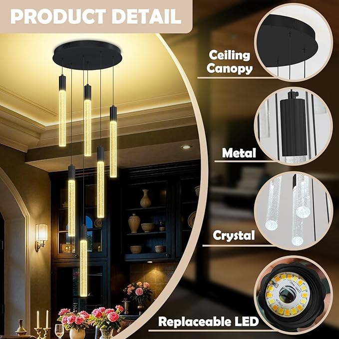 Luxury 6 Light Modern Crystal Pendant Light - 71" High Ceiling Black LED Dimmable Pendant Light for Bedside Island Kitchen Living Room