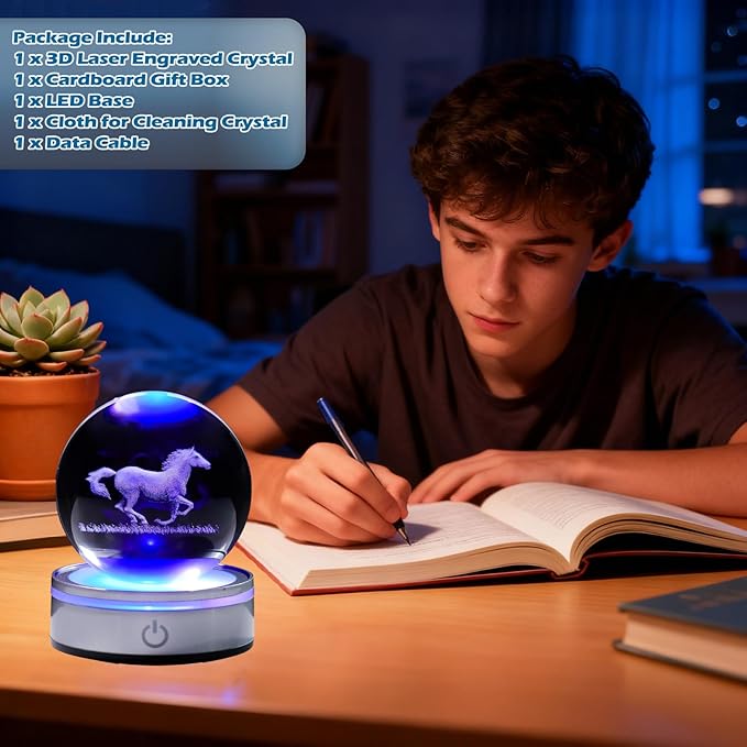 Horse Crystal Night Light,Horse Gifts, K9 3.15 Inch (80mm) Crystal Ball Night Light with 16 Colors Remote Upgraded Lamp for Birthday Xmas Cool Figurines Gifts for Room Decor Boys Girls