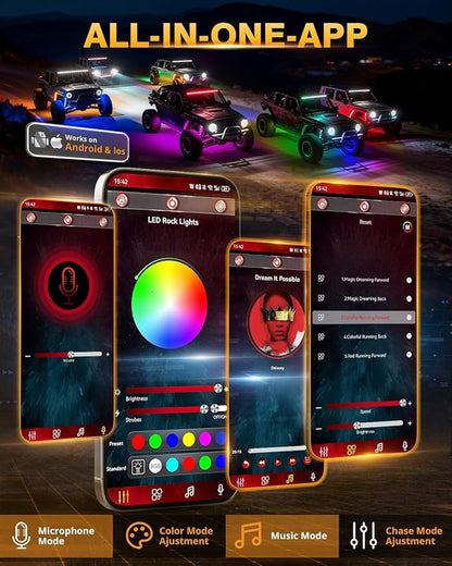 Auxbeam 8-Pod RGB LED Rock Lights w/Brake Mode 217°Dual-Side Lighting Underglow Kit w/Bluetooth APP & Remote Control Music Voice Sync Waterproof Wheel Well Lights for Trucks Offroad RV 1 Year Warranty