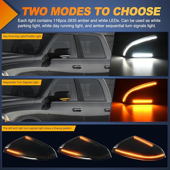 Nilight Side Mirror Marker Light Switchback Amber Turn Signals White Puddle Lights Smoked Lens Plug and Play Compatible With 2009-2018 Ram 1500 2500 3500 2009-2022 Classic