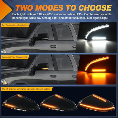 Nilight Side Mirror Marker Light Switchback Amber Turn Signals White Puddle Lights Smoked Lens Plug and Play Compatible With 2009-2018 Ram 1500 2500 3500 2009-2022 Classic