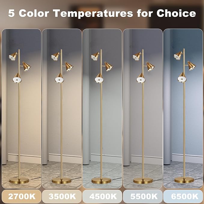 3 Light Floor Lamp for Bedroom, Dimmable 3 Rotatable LED Lights, 5 Color Temps (2700K-6500K), Works with Smart Plugs, 63" Modern Standing Lamp for Living Room, Office – Bronze