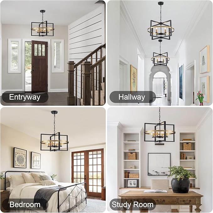 21.26'' Black Gold Chandelier 4-Light Modern Industrial Pendant Light Entryway Chandelier for Foyer Farmhouse Ceiling Lighting Fixture for Kitchen Island Dining Room Living Room Bedroom, Adjustable