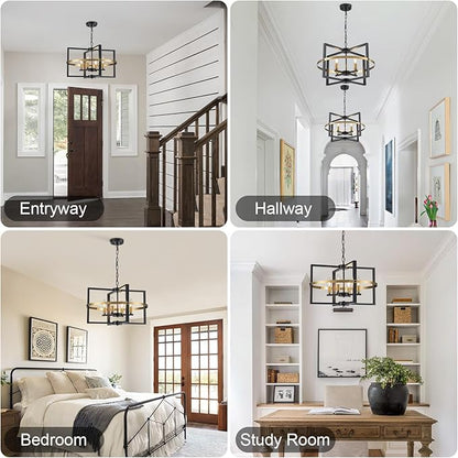 21.26'' Black Gold Chandelier 4-Light Modern Industrial Pendant Light Entryway Chandelier for Foyer Farmhouse Ceiling Lighting Fixture for Kitchen Island Dining Room Living Room Bedroom, Adjustable