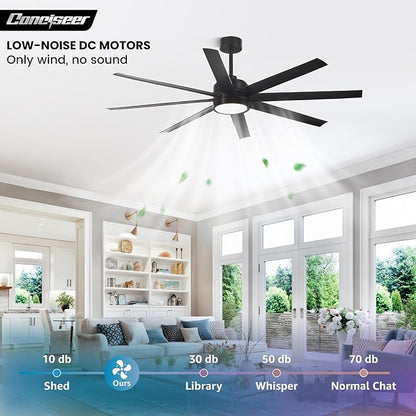 Modern Ceiling Fans with Lights, 65 Inch Ceiling Fan with Light and Remote for Bedroom Living Room Kitchen Office, Indoor/Outdoor Use, 24W 3CCT 8 Blades 6 Speed Reversible Quiet DC Motor, Black