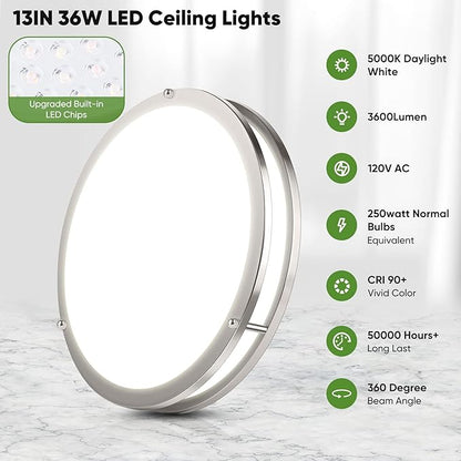 36W 3600lm Super Bright LED Light Fixtures, 2PACK Modern Flush Mount Ceiling Lights Daylight White 5000K, 13 Inch Dimmable Lamps for Kitchen Bathroom Hallway Bedroom, Brushed Nickle