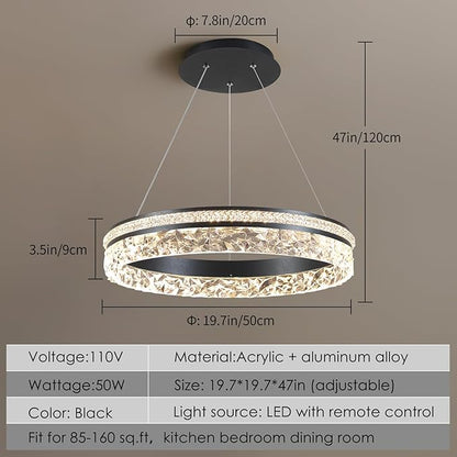 Modern LED Chandelier 1 Ring 19.7in Pendant Lighting for Kitchen Island 50W Dimmable LED Pendant Ceiling Light Black Hanging Light Fixtures with Remote for Kitchen Dining Room Bedroom Living Room