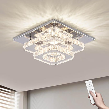 FRIXCHUR Dimmable Crystal Chandelier Ceiling Light with Remote Square Led Flush Mount Small Chandelier for Dining Room Kitchen Wedding Hallway Foyer,9.8"