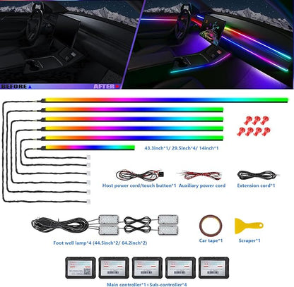 Acrylic Interior Car LED Strip Light with Wireless APP, RGB Dreamcolor 10 in 1 with 175 inches 600 LEDs Fiber Optic Strip Lights for Car, Dynamic Chasing Sound Active Neon Car Ambient Lighting Kits