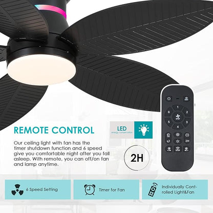 Surtime 46" Black Ceiling Fans with RGB Lights - Flush Mount Ceiling Fan Light with LED 3CCT Dimmable, Tropical Palm Leaf Ceiling Fans for Indoor Party,Covered Outdoor