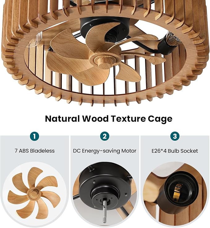 20'' Flush Mount Caged Ceiling Fan with Light, Wooden Low Profile Ceiling Fan with Light and Remote, 6 Speed and Reversible, Farmhouse Enclosed Fan Lights for Bedroom, Dining Room