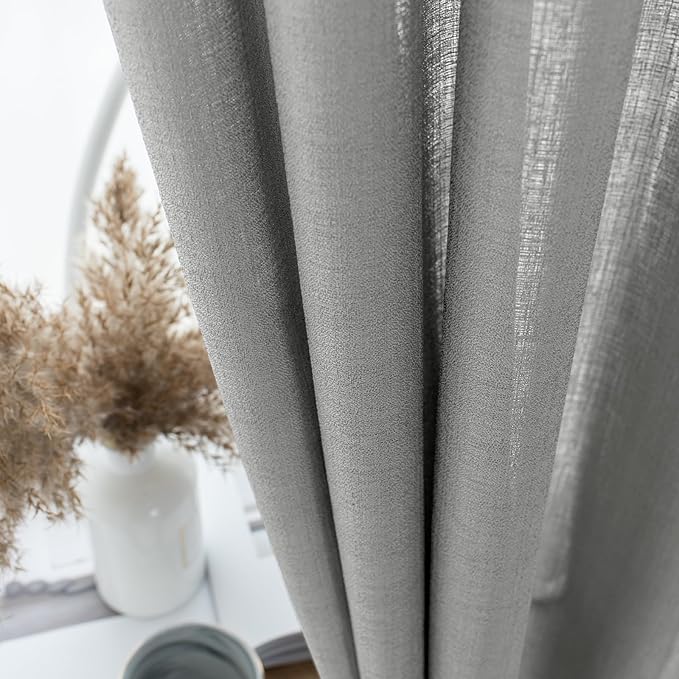 Melodieux Grey Semi Sheer Curtains 96 Inches Long for Living Room, Bedroom Faux Linen Texture Farmhouse Rod Pocket Shiny Sheer Curtains Drapes Light Filtering, 52" W x 96" L, 2 Panels