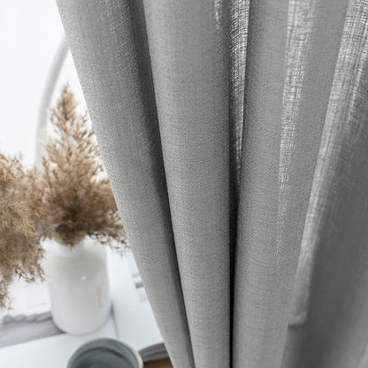 Melodieux Grey Semi Sheer Curtains 84 Inches Long for Living Room, Bedroom Linen Look Farmhouse Rod Pocket Shiny Sheer Curtain Drapes Light Filtering Home Office, 52" W x 84" L, 2 Panels