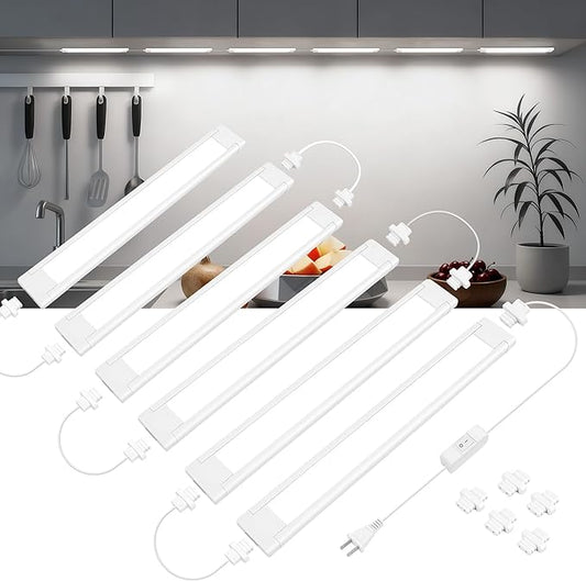 maylit Under Cabinet Lighting Plug in, 6 Pcs 14 Inch Linkable Ultra Bright LED Light Bars, Renter Friendly Lamp, Wired Indoor Lights for Kitchen Cabinet, Counter, Workbench, Desk, Shelf, Cool White