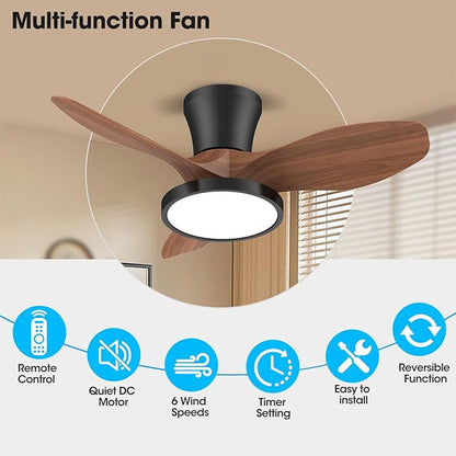 ocioc Quiet Ceiling Fan with LED Light DC motor 32 inch Large Air Volume Remote Control Walnut for Kitchen Bedroom Dining room Patio