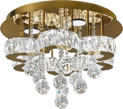 Flashing God 16" Gold Crystal Chandelier Semi Flush Mount Ceiling Light Crystal Close to Ceiling Light Fixtures for Bedroom Living Room Kitchen Hallway Dimmable Lighting 2700k 4500k 6000k