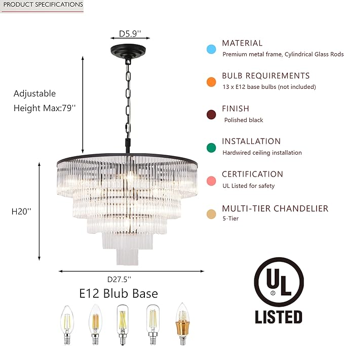Modern Multi-Tier Crystal Chandelier 5-Tier Round Black Finish Ceiling Light -Cylindrical Glass Rods -Dining Room Living Room Bedroom Entryway -Luxury Lighting Fixture 27.5''