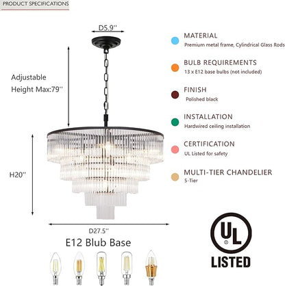 Modern Multi-Tier Crystal Chandelier 5-Tier Round Black Finish Ceiling Light -Cylindrical Glass Rods -Dining Room Living Room Bedroom Entryway -Luxury Lighting Fixture 27.5''
