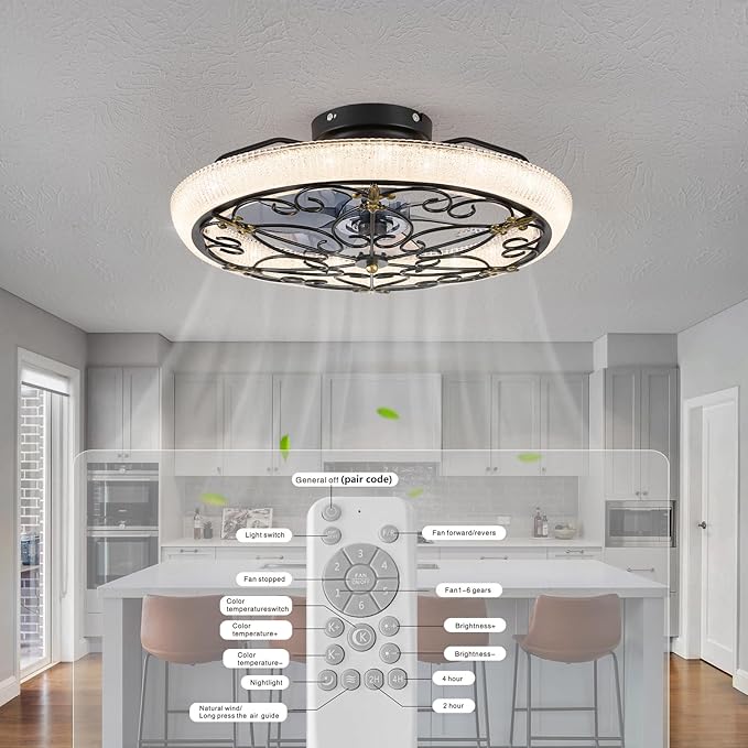 Black Caged Ceiling Fan with Lights Remote Control, 6 Speeds Rustic Industrial Ceiling Fan Light with Crystal Sand Lampshade for Kitchen Bedroom Living Room