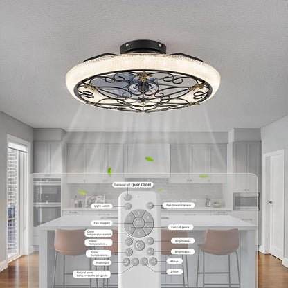 Black Caged Ceiling Fan with Lights Remote Control, 6 Speeds Rustic Industrial Ceiling Fan Light with Crystal Sand Lampshade for Kitchen Bedroom Living Room