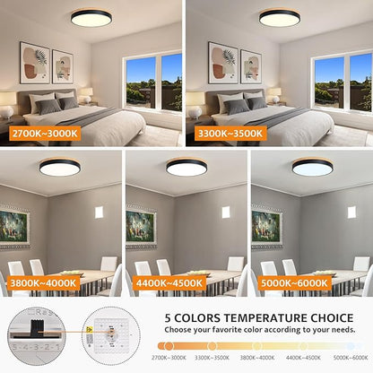Yiisem Dimmable Wood LED Flush Mount Ceiling Light, 5CCT 2700K-6000K Modern Black Close to Ceiling Lighting Fixtures, Minimalist Round Ceiling Lamp for Living Room, Bedroom, Laundry Room