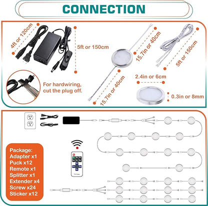 Slim Under Cabinet LED Puck Lights, 110V Wired Ambiance Lighting, Plug-in & Direct Hardwired, Daisy Chained linkable, Wireless RF Remote Dimmable, White Cables, Warm White, 12 Lights
